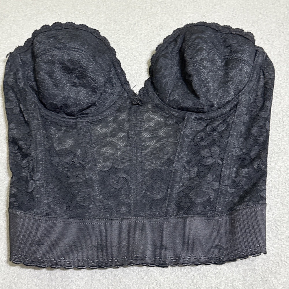Vtg Corset Backless‎ Strapless Bustier Bra Black 34B Sheer Lace Lingerie Pin-up